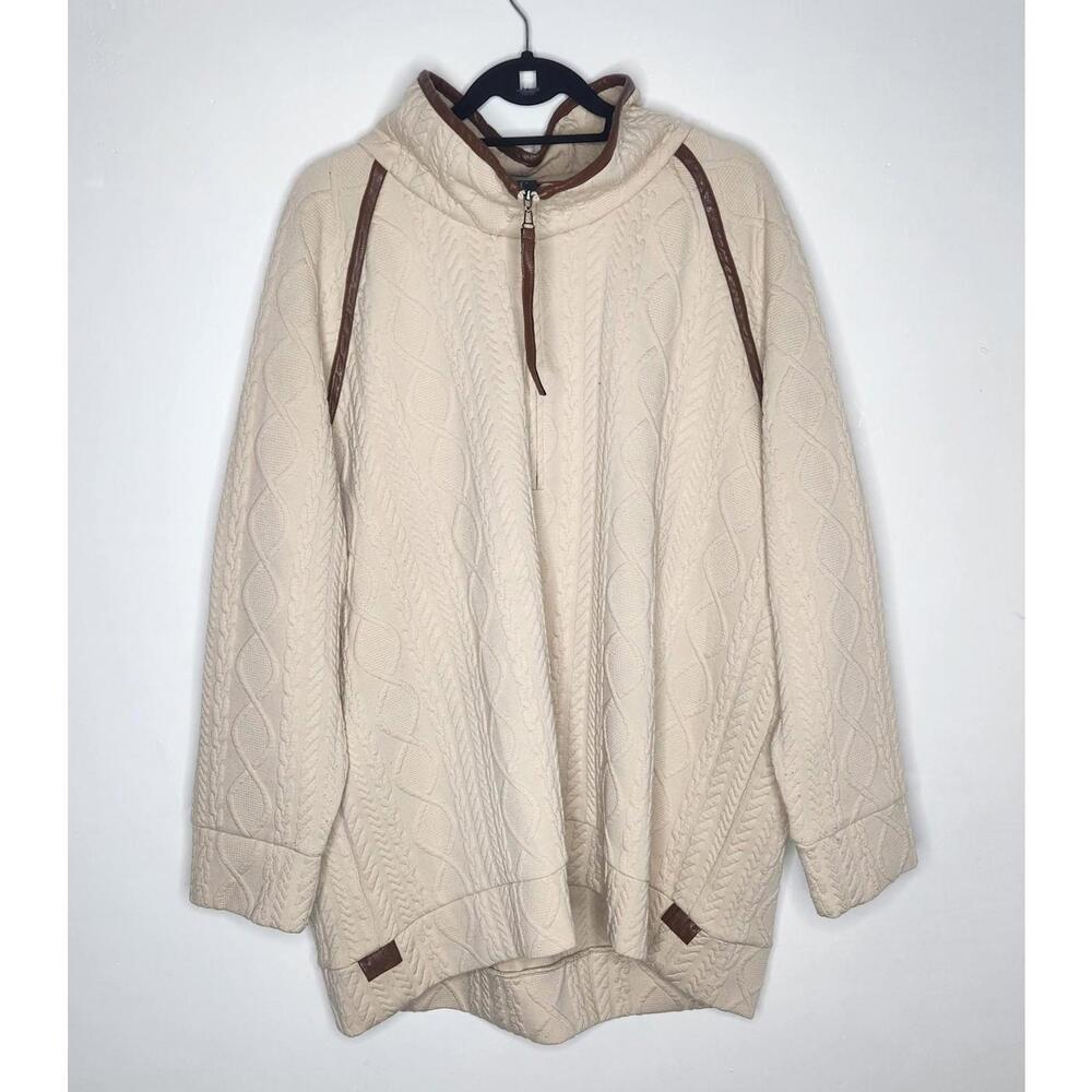 Lysse Sweater Womens 3X Beige Cable Knit Hooded Leather Trim Pullover outdoors